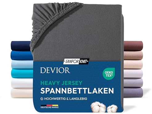 Devior Heavy Jersey Spannbettlaken 180x200cm - 200x200cm, 100% Baumwolle, Split Topper bis 10cm, Anthrazit – 160 g/m² Anti-Statisches, atmungsaktives Bettlaken mit Einlaufschutz, Matratzenbezug Grau