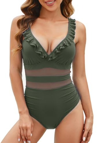 SNUOEN Dam Monokini volang snörning V-ringad baddräkt i ett stycke, Armégrön, XL