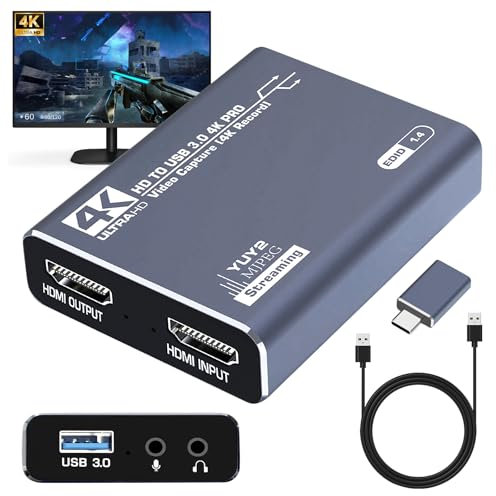 Carte de capture vidéo 4K HDMI vers USB 3.0, 1080P 60Hz Audio Video Capture Card Game Capture Card High Speed 4K HDMI Loop-Out, Carte d'enregistrement vidéo pour PS4/PC/OBS/Caméra/Streaming/Teaching