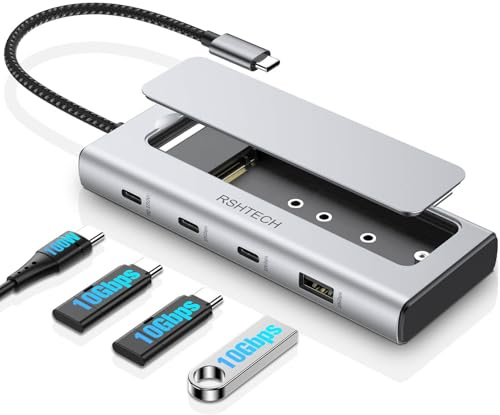 RSHTECH Hub USB C 5 in 1 con alloggiamento SSD M.2 NVMe/SATA, USB-A da 10 Gbps e 2 porte USB-C e alimentazione da 100 W, dongle USB C in alluminio per MacBook, laptop e altro