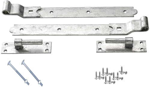 Epsom Door Handle 18 Hook and Band Hinges Cranked or Straight Galvanised or Black Japanned Heavy Duty with 16mm Pin Outdoor Hinges for Gates Barns Sheds Fixings Included (galvenised Cranked)
