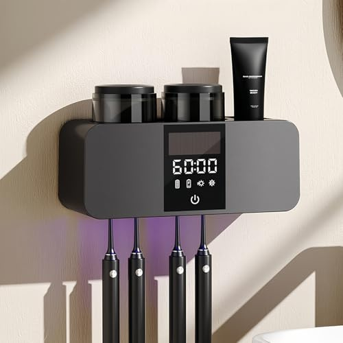 Maxspace Zahnbürstenhalter, UV Zahnbürste Sterilisator mit Trocknen, Solarladung und Automatische Reinigungsfunktion, Zahnbürstenhalter Wand Ohne Bohren mit 4 Steckplätzen und 2 Tassen (Schwarz)