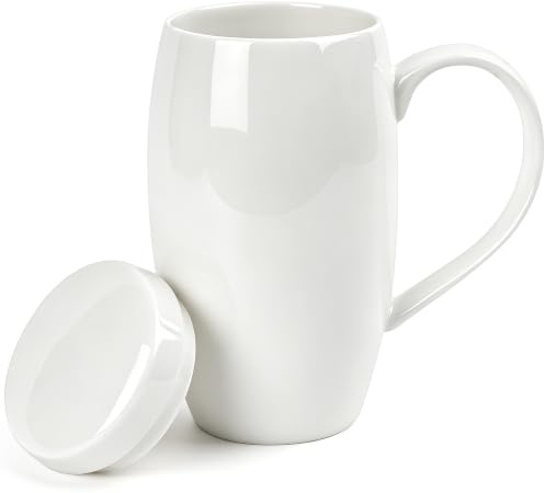 Linkidea 22oz Extra Large Fine Bone China Coffee Mug with Lid, Oversized Coffee Cups with Handles, Big Teacups for Office and Home, Microwave and Dishwasher Safe, White