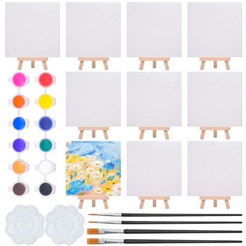 Annickee 10Stück Mini Leinwand mit Mini Staffelei,15x15cm Kleine Leinwände | Staffelei Klein Faltbar Zum Bemalen, mit 12 Farben Acrylfarben, 4 Ölpinsel und 2 Farbpaletten, für Tisch Deko Basteln