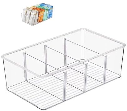 1 Pack Fridge Storage Organiser- Plastic Desk Storage Bins Stackable, Food Storage Organizer with 4 Slots for Pantry, Kitchen, Fridge, Cabinet Packets, Snacks, Pouches, Spice Packets