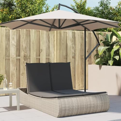 IKAYAA Sonnenliege für 2 Personen 3-Fach Verstellbar Polyrattan Doppelliege Outdoor 2 Personen Sonnenbett Outdoor Bett Gartenbett 110 x 200 x 75 cm,Hellgrau