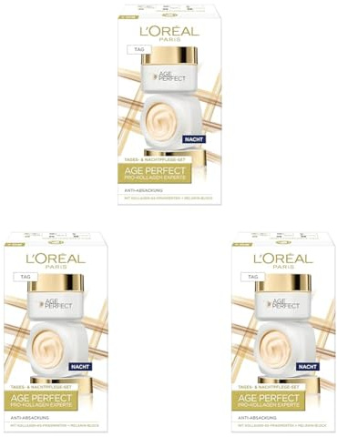 L'Oréal Paris Straffendes Gesichtspflegeset für reife Haut mit Anti-Aging Tagespflege und Nachtpflege gegen Altersflecken, Mit Kollagen-AS-Fragmenten, Age Perfect Pro, Experte, 2 x 50 ml