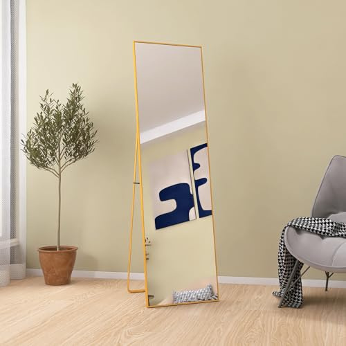 Specchio completo di lunghezza 140 x 40 cm, specchio su piedistallo a telaio singolo, grande specchio da parete HD con gancio, riflesso in vetro HD trasparente, infrangibile e leggero (oro, 140 x 40