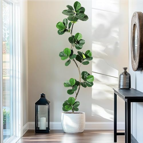 Garvee Planta Artificial Ficus Lyrata, Higuera Lira de 210 cm con Maceta Incluida, Árbol Decorativo de Plástico Realista para Interior Salón Hogar y Terraza Exterior