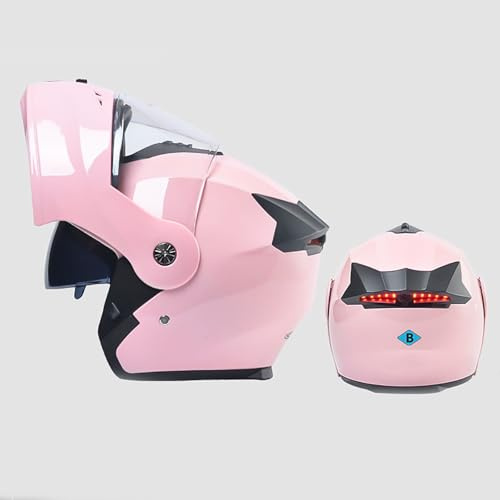 BDBLFLTZ Casco Integral Motocicleta, Casco Motocross Modular abatible con Doble Visera y luz Trasera LED para Hombres Adultos. Pink A