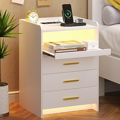 FREDEES Bedside Table with Charging Station and LED Lights, White