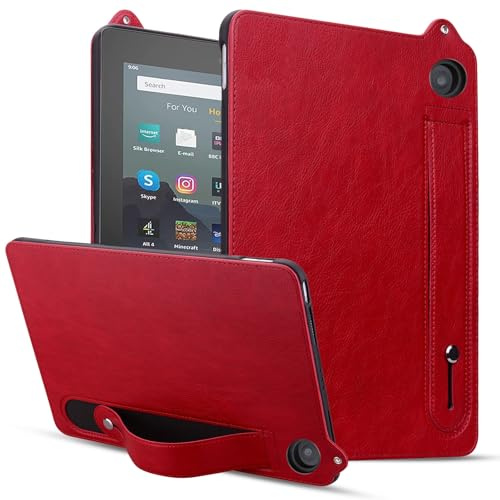 DNMYWAE Umweltfreundliche Tablethülle aus Leder Kompatibel mit Kindle Fire HD8/HD 8 Plus 2022 2020, stoßfeste Tablet-Hülle Ständer, Handschlaufen-Hülle, Lederhülle, TPU & PC(Red)