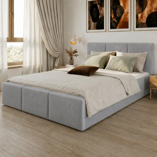 Home Collective Polsterbett, Bett mit Stauraum, Stauraumbett mit Lattenrost gepolstert Bett mit Kopfteil Doppelbett mit Bettkasten | Gasdruckfedern & Metallrahmen, Samtpolsterung | 160×200 cm | Grau