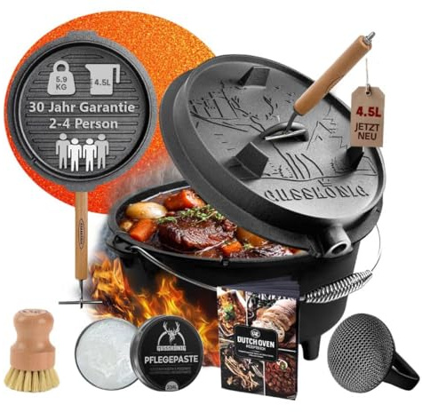 GUSSKÖNIG Dutch Oven Set – Eingebrannter Dutch Oven 4,5L - Feuertopf Gusseisen mit Füße – Schmortopf Doppelfunktion – 2in1 Deckelheber, Schrubber, Pflegepaste, Bürste & Rezeptbuch - 30 Jahre Garantie