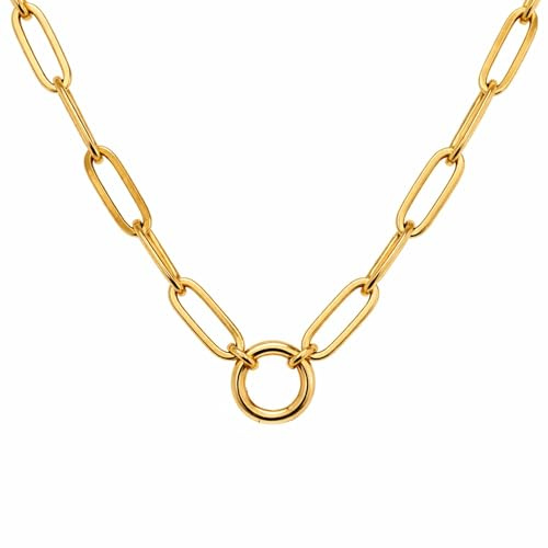 Carabiner Charm Necklace for Women by Ginger Lyne, 12mm Round Spring Ring Charm Holder, 18KT Gold Plated Stainless Steel Paperclip Chain Necklace, Adjustable 18-20 Inch, Lobster Claw Clasp