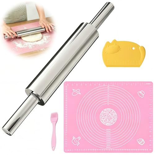 Nudelholz aus Edelstahl, 43cm Antihaft Metall Nudelhölzer, Edelstahl Teigroller, Backzubehör Rolling Pin mit Silikon Backmatte, Teigkarte und Backpinsel für Pizza Knödel Brot Kuchen Mürbeteig