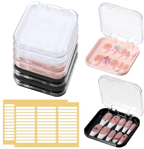 Nogeqi 6 Pcs Press on Nail Case with 72 Adhesive Double Sided Tape, Acrylic Press On Nail Packaging Box, Press on Nail Storage Box for Fake Nail Storage Nail Display Nail Salon Supplies Business