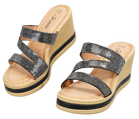 JOMIX Sandales Femme Compensées à Paillettes Claquettes à Strass Chaussures D'été à Talon épais Confortables