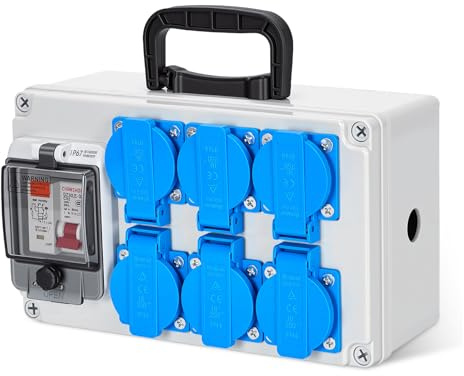 Coffret de chantier 16A IP67 avec 6 prises Schuko & interrupteur différentiel 30mA, Boîtier de distribution électrique 230V, Réglette étanche murale avec disjoncteur de protection
