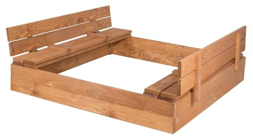 Sandkasten mit Deckel und Sitzbänken 150x150 cm Holz Sandkiste Kinder Garten Verschließbar Imprägniertes Kiefernholz Inklusive Unkrautvlies Outdoor Spielplatz SPRINGOS