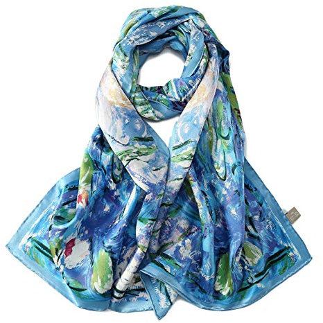 YangtzeStore Langer Charmeuse Seidenschal Klassischer Kunstdruck, Blau floral, 63 x 17