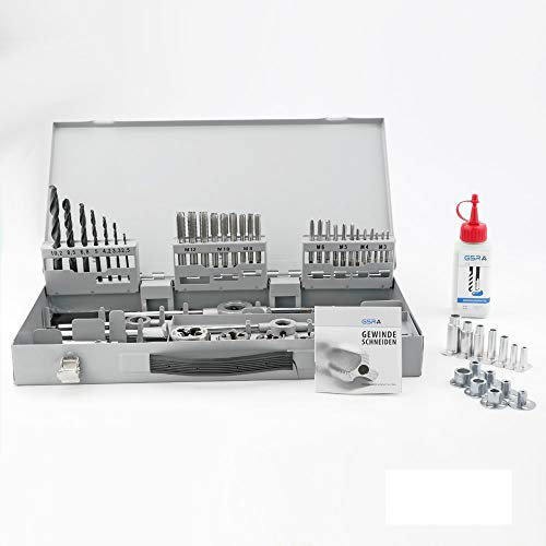 GSR Gewindeschneid Set HSSG, Gewindeschneidsatz, 45tlg, Metrisch M3 - M12, Schneideisen, Kelnochbohrer, Werkzeughalter M3-M12, Schneideisen und Gewindebohrer Führungen, Gewindeschneidmittel 100 ml