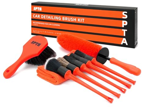 SPTA 8Pcs Wheel & Tire Brush Car Detailing kit, Easy Reach Wheel and Rim Brush, 5pcs Detailing Brushes, Short Handle Cleaning Brush, 1pc Microfiber Cleaning Cloth, Great to Clean Dirty Tires