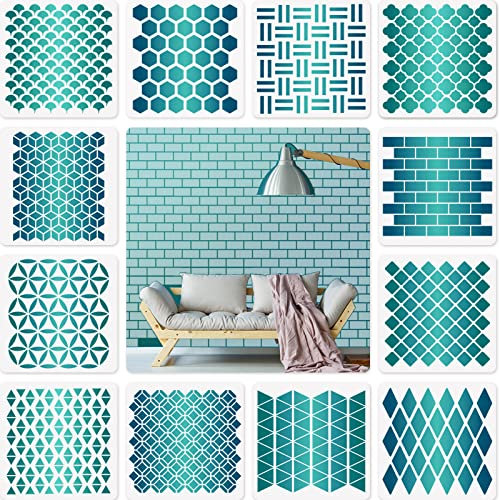 12 Sets Geometrische Waben Schablonen Kunst Mal Vorlagen Schablonen für Scrapbooking Zeichnung Verfolgung DIY Möbel Wand Boden Dekor (6 x 6 Zoll)