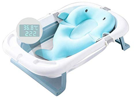 OUCRIY Faltbare Baby Badewanne Tragbare Baby Wanne mit Babykissen und Intelligentem Temperaturalarm, Verstellbare Baby Duschwanne Anti-Rutsch Soft Touch Badewanne für Neugeborene