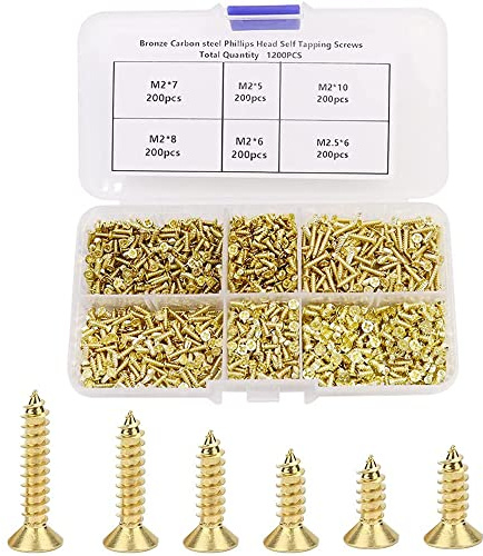 1200pcs Small Self Tapping Screws Flat Head Cross Wood Screws Assortment Kit M2 / M2.5 Self Drilling Screws Carbon Steel Small Screw for Hinges Multi-Purpose DIY Decorative