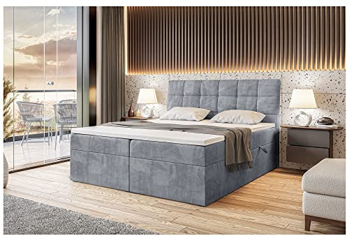 MEBLINI Boxspringbett mit Bettkasten - Gepolstert Doppelbett mit Matratze und Topper - Polsterbett mit Stauraum - Bett mit Kopfteil - Stauraumbett - Drago - 140x200 - H4/Grau Samt