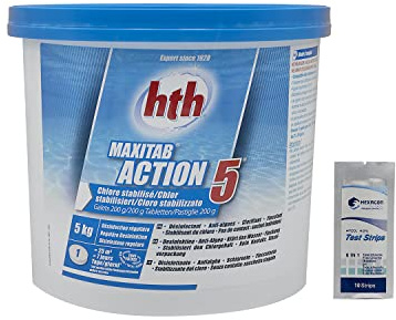 HTH MAXITAB Action 5 Galet 200g - 5kg | Chlore Lent Stabilisé Multiaction - Désinfection Régulière Multifonction - Dissolution Lente + 10 Tests HPS OFFERTS 6 en 1