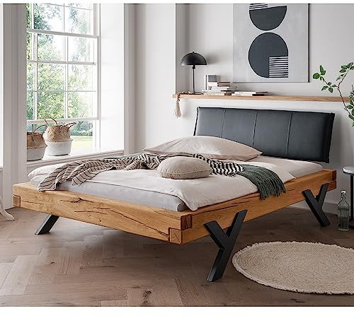 Lomadox Doppelbett Ehebett Bett Echtholz Massivholz, 140x200 cm, Eiche massiv, schwarzes Echtleder-Kopfteil, Schwarze Beine in Y-Form, B/H/T ca. 158/88/228 cm