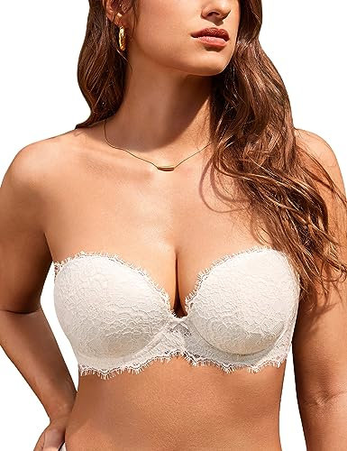 DOBREVA Damen Trägerloser Push Up BH Spitzen Tiefer Ausschnitt Bügel BHS Gepolsterter mit Abnehmbaren Trägern Kokosnuss Weiß 90B