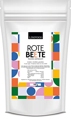 Limfood | 100g Rote Beete Pulver fein gemahlen - erdiger Geschmack - zum kochen & backen - auch roh zu verwenden - färbt Lebensmittel - geeignet zum Färben von Pasta Teig und Saucen