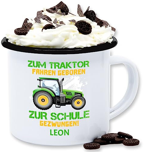 Emaille Tasse Blechtasse - Zum Traktor fahren geboren zur Schule gezwungen - 300 ml - Weiß Schwarz - traktoren trecker bulldog landwirtschaft bauer tractors schlepper traktorfans landwirt traktor,