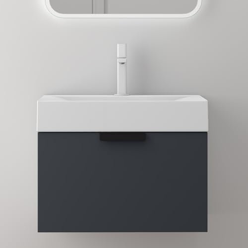 doporro Badmöbelset Waschtisch mit Unterschrank 60x45x48cm Unterschrank mit Mineralguss-Waschbecken Waschplatz in Matt Anthrazit mit Soft-Close-Funktion Lonato