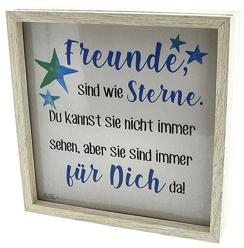 WB wohn trends LED-Leuchte Leuchtkasten, Freunde sind wie Sterne, weiß, 20x20x6cm, Deko-Licht mit Spruch LED-Lampe Holz-Rahmen