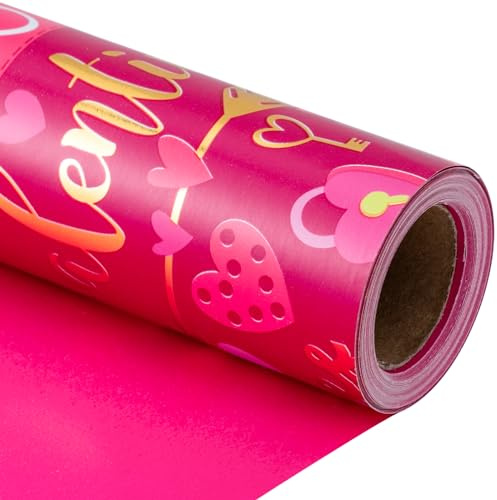 Holijolly Reversible Valentinstag Geschenkpapier - Rosa Metallic-Folie Papier mit Schriftzug und Herz-Design - 43,2 CM × 10 M (46,45 sq.ft.)