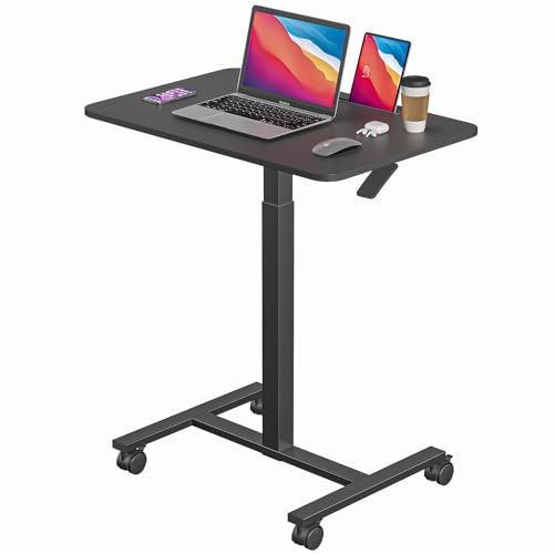 Dripex mobiler Stehpult, Computertisch pneumatisch höhenverstellbarer, laptoptisch mit 4 Rollen, Überbett-Tisch, Steh-Sitztisch beistelltisch für Wohnzimmer, schwarz, 71-112cm