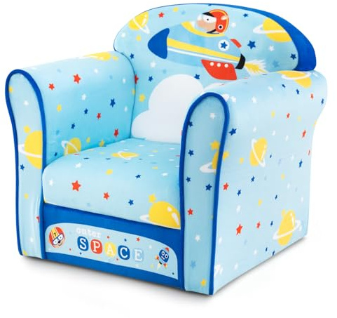 GYMAX Kids Sofa Chair, Wooden Children Armchair with Cute Pattern and Non-slip Foot Pads, Toddler Lounge Couch for Bedroom Playroom (Blue Rocket)