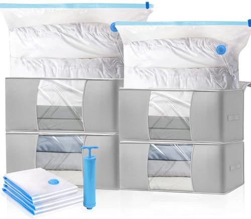 Vakuumbeutel für Kleidung Set, 4 Vakuumierbeutel Kleidung, 4 Aufbewahrungstasche Kleideraufbewahrung mit Griff und Reißverschluss, 1 Handpumpe, für Kleidung Bettdecken Bettwäsche Kissen