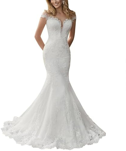 SEVENYXX Vestido de Novia de Sirena y Princesa, Largo, Civil y de Moda, Blanco, Talla 40