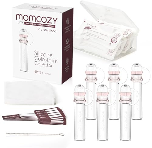 Momcozy Colostrum Collector - Colector de leche materna reutilizable con estuche de almacenamiento y toallita de algodón, contenedor portátil de calostro sin BPA, colector multiusos de 5 ml, 6
