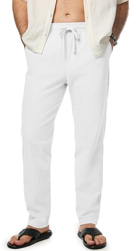JMIERR Men Cotton Pants Linen Elastic Waist Drawstring Summer Beach Lightweight Slim Fit Dress Trousers with Pockets, S, White