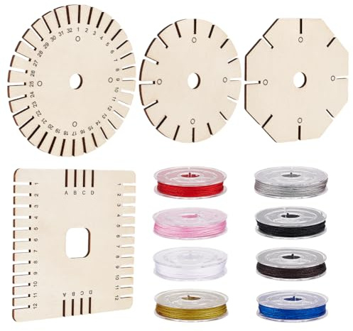 FINGERINSPIRE 12 Pcs Wood Square Round Bracelet Braiding Plate with 8 Colors Nylon Cords Plaited Disc Wood Bracelet Braiding Plate Used for Jewelry Making Blinds Cords Braided Bracelets Wind Chimes
