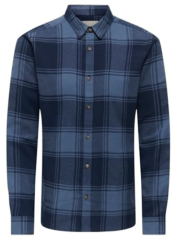 ONSGUDMUND - Camisa de leñador a Cuadros de Manga Larga de Franela a Cuadros para Ocio, Blusa Delgada de algodón, Blazer Azul Marino, M