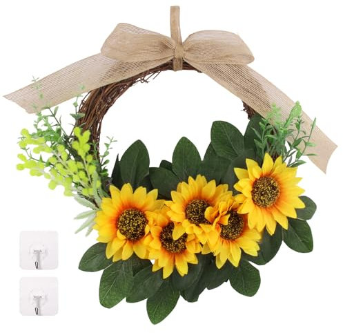 JINXIAN Türkranz Frühling 26 cm Sonnenblume Kranz Haustür Deko mit 2 Haken Grüne Blätter Weinwurzeln und Fliege Türkranz Ganzjährig für Haustür Zaun Türen Hochzeiten Parties