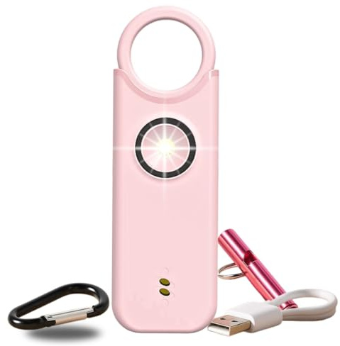 VOLTEK Kit fischietto e allarme personale (rosa) donna difesa + rilevatore porta e finestra autodifesa auto allarme mini autonomo + fischio emergenza personale lampada potente 135 dB USB-C, guida