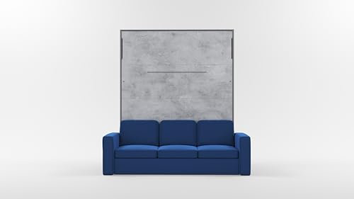 MAXIMAHOUSE Schrankbett Vertikal mit Sofa, Invento NOVA 160V mit Lattenrost aus Holz, Bett im Schrank 160x200 Erwachsene, Modern Concept und Design, Wandbett Klappbett (Grau/Beton+Blau)